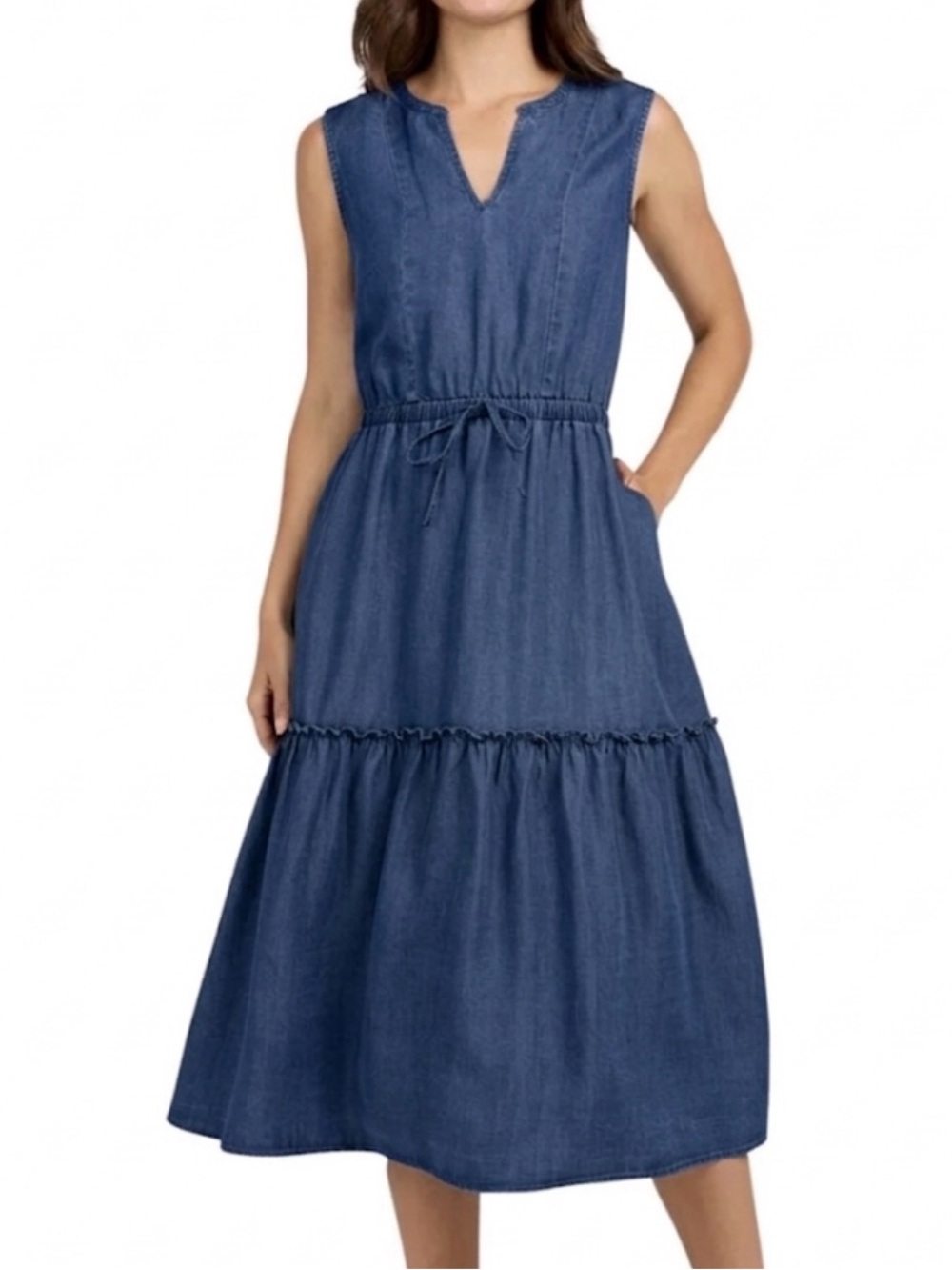 Lands End Sleeveless Chambray Tiered Midi Dress Lyocel Pockets Large Travel
